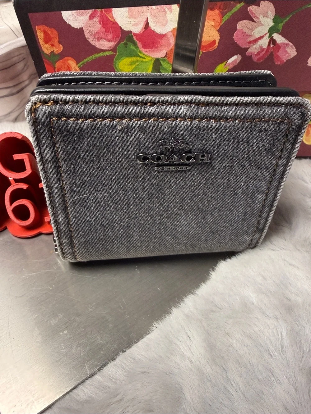 Coach Gray Denim Zip-Around Wallet with Black Trim